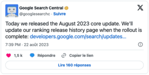 Tweet de Google concernant le core update août 2023